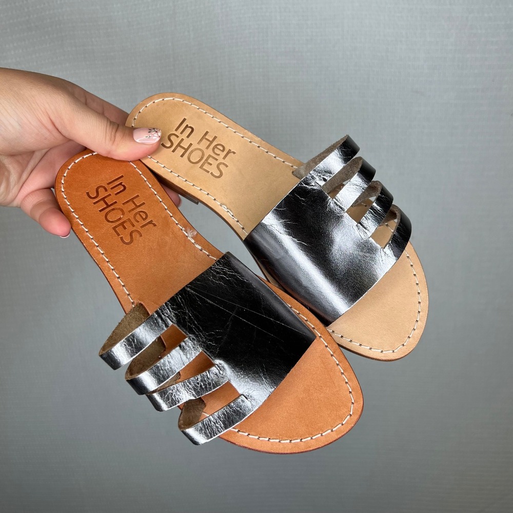 In Her‎ Shoes Amalfi Coast Leather Silver Strappy Slide Sandals Size 35 / 5